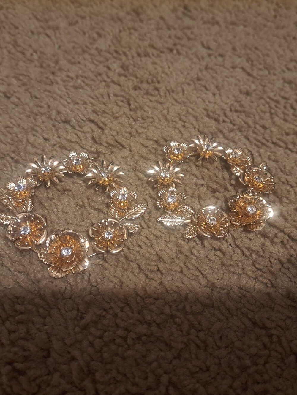 Floral Gold Toned And Rhinestone Earrings